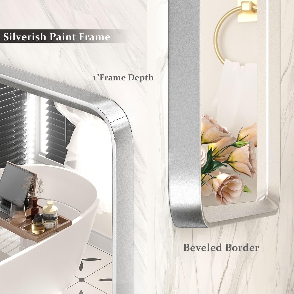 24x32 Silver Bathroom Mirror, Silver Vanity Mirror for Wall, Rounded Rectangl...