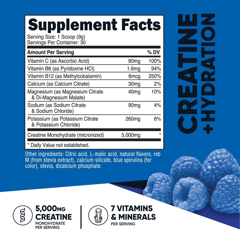 Nutricost Creatine Monohydrate + Hydration Blue Raspberry Flavored, 30 Servings