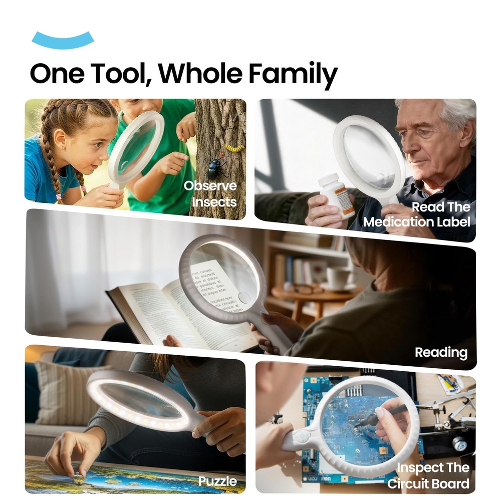 Large Handheld Magnifying Glass for Reading and Close Work, Adjustable Bright...