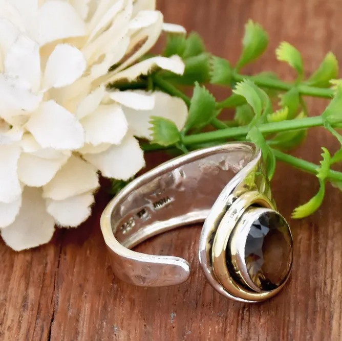 Solid 925 Sterling Silver Natural Smoky Quartz Gemstone Hammered Adjustable Ring
