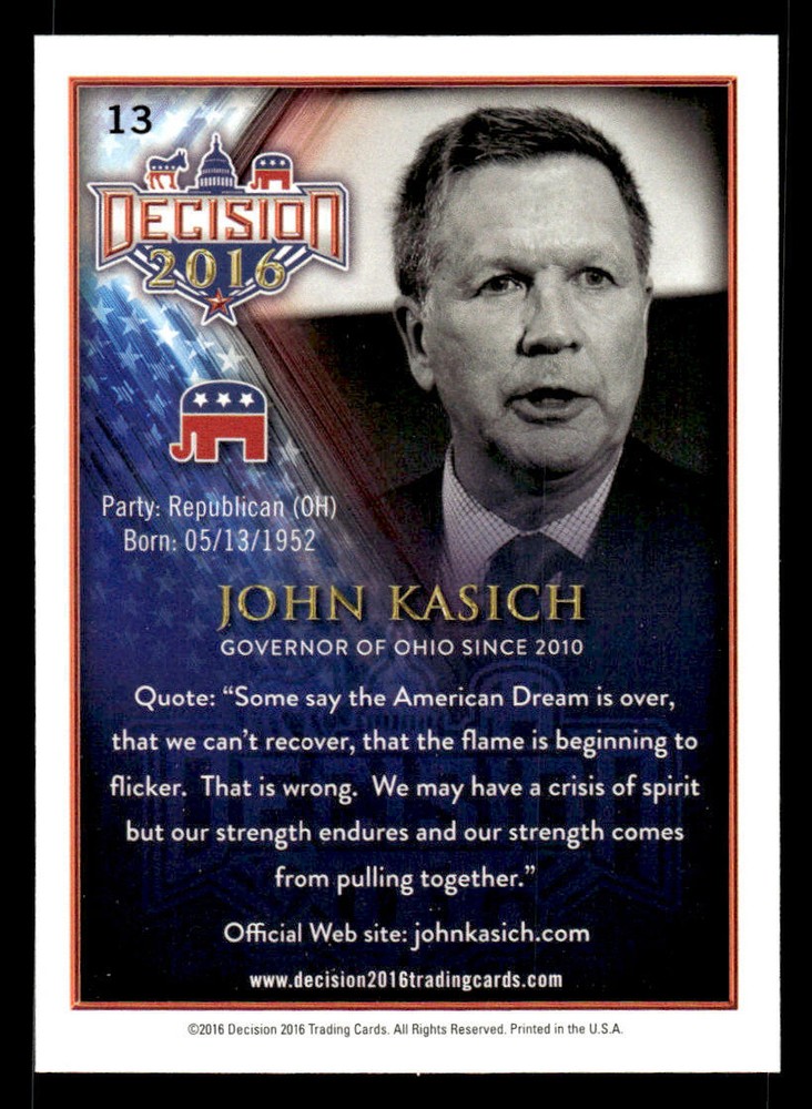 2016 Decision 2016 #13 John Kasich Card
