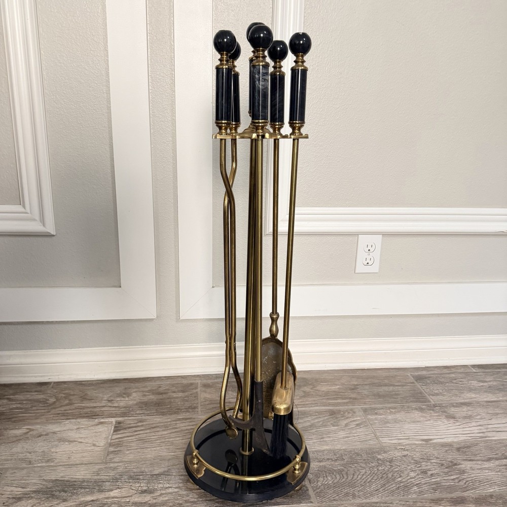 VTG Black Marble Handles And Base Brass Fireplace Tool Set