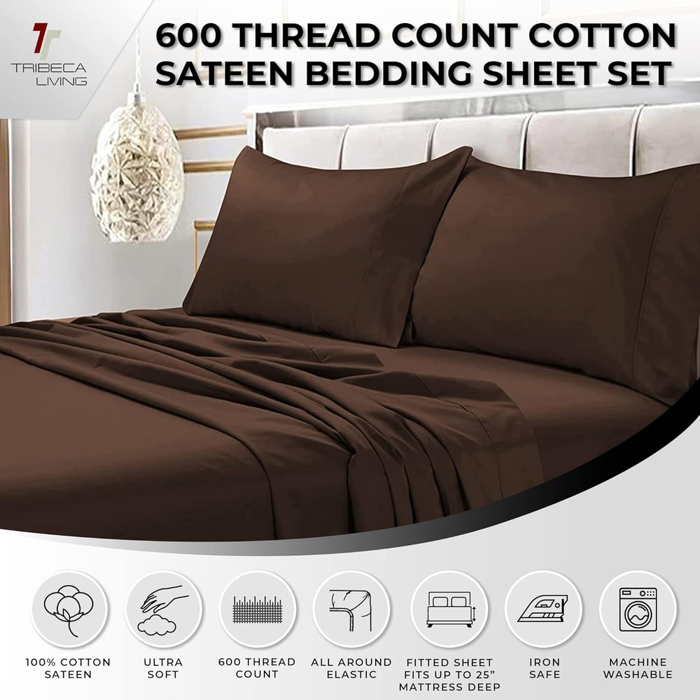 Bed Sheet Set, Soft Egyptian Cotton Sateen Solid Sheets and Pillowcase Set, Deep