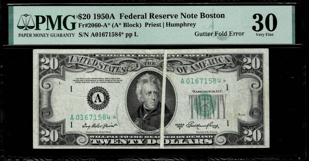 GUTTER FOLD ERROR $20 1950-A FR NOTE  FR.#2060-A* BOSTON **STAR NOTE** PMG VF30