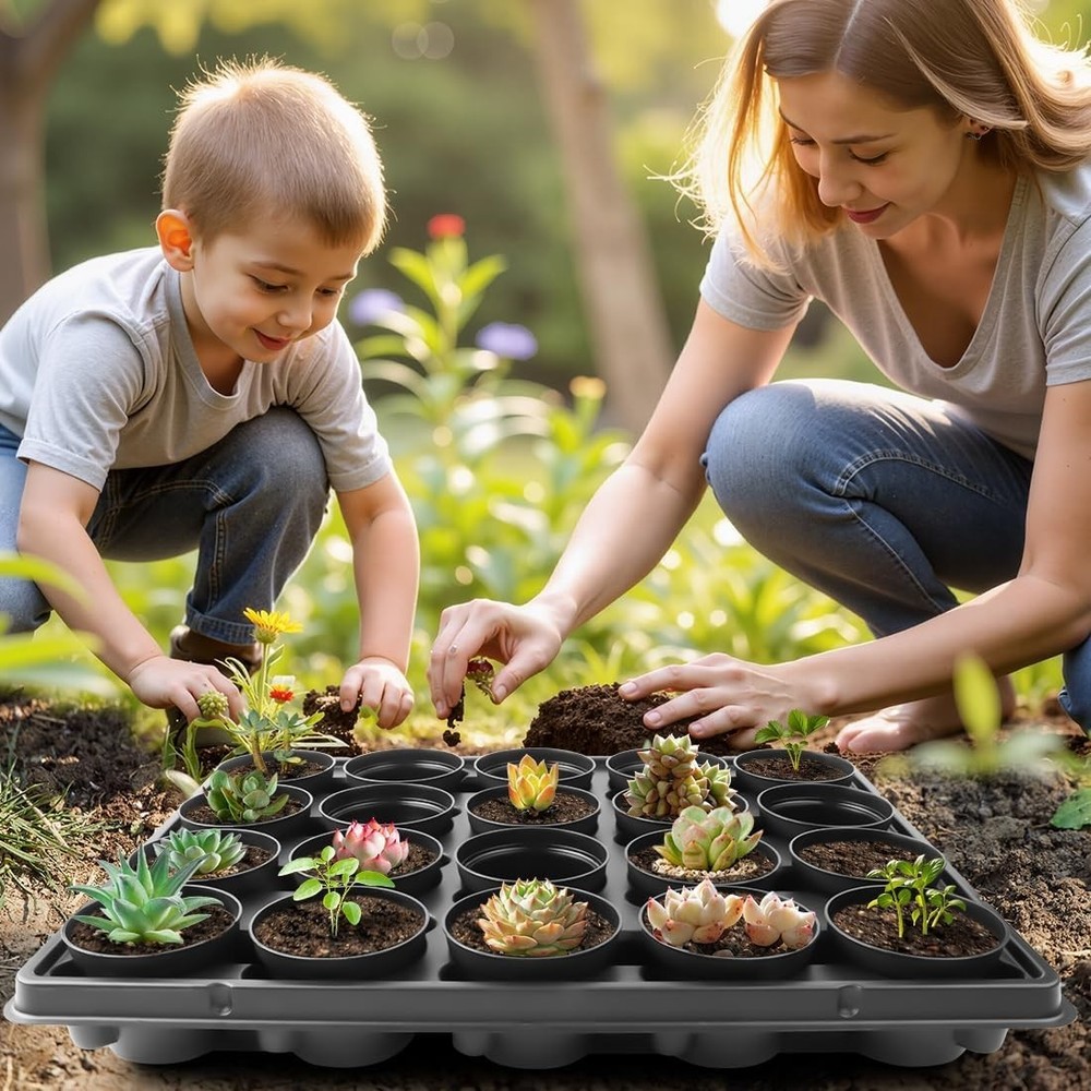 Durable 3" Plastic Plant Pots 100 Pcs + 5 Seed Starter Trays