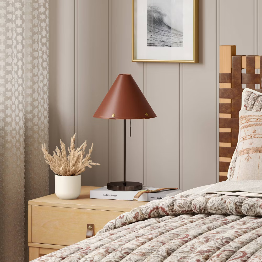Table Lamp with Leather Shade Brown - Threshold: Metal Base, Cone Shape,