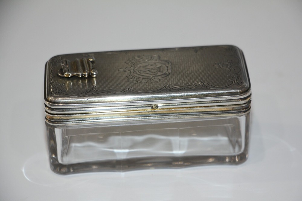 Antique Rare 19th C. Aucoc Aine Solid Sterling Silver & Crystal Pill Box
