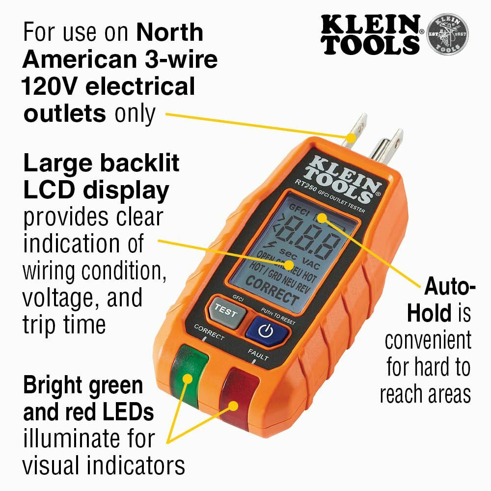 Klein Tools RT250 GFCI Receptacle Tester with LCD Display