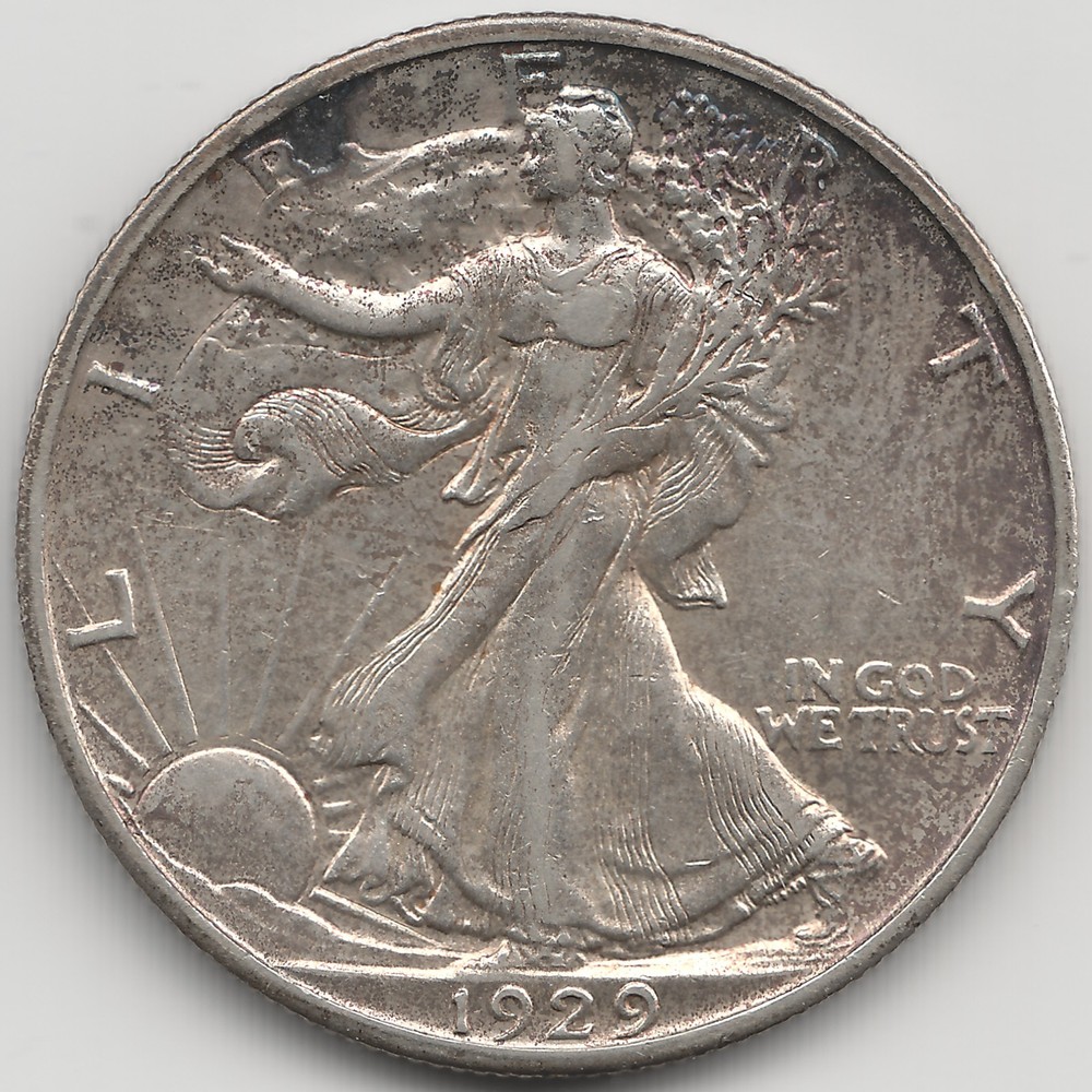 1929 S Walking Liberty Half Dollar, AU, toned