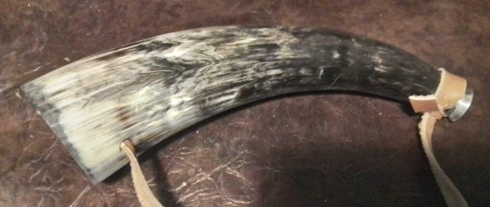 AUTHENTIC 11" LARGE BLACK POWDER HORN FUNCTIONAL OR DECORATION CORD STRAP