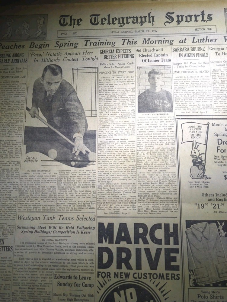 MAR 19, 1937 NEWSPAPER #2169- "PATSY" NATALIE, POCKET BILLIARDS PLAYER