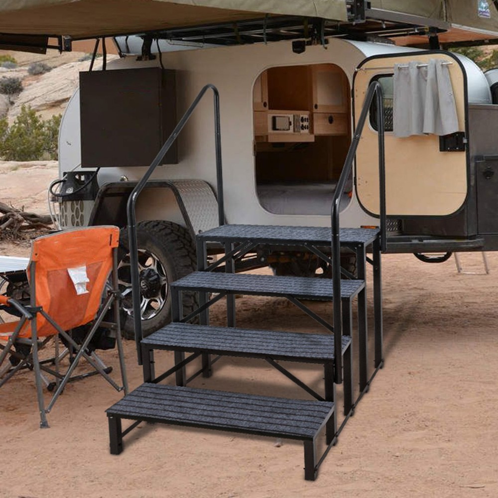 4 RV Steps with Handrails 4th Wheel Hot Tub Steps Anti-Slip RV Stair Step Ladder