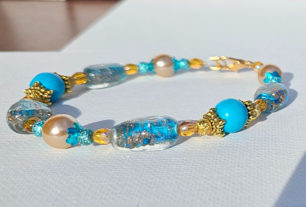 Blue and Gold Lampwork, Magnesite, Pearl Set