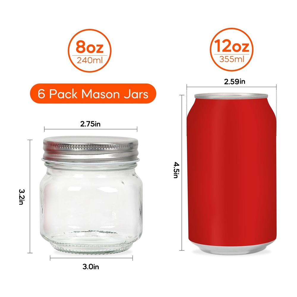 6 Pack Small Mason Jars 8 oz, Half Pint Canning Jars, 6 Split-Type Lids and E...
