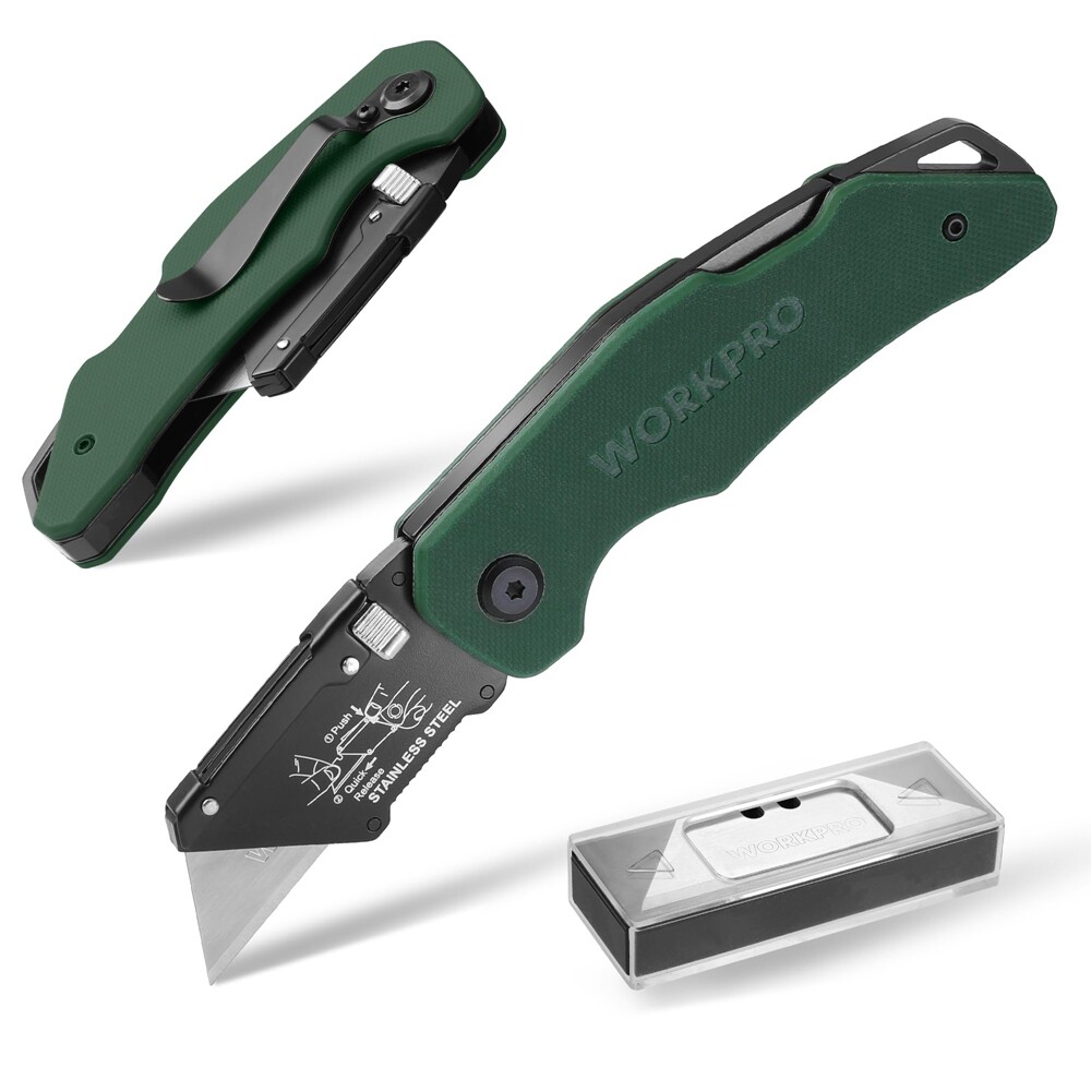 WORKPRO Folding Utility Knife G10 Handle Box Cutter Quick Change Blade 10 Blades