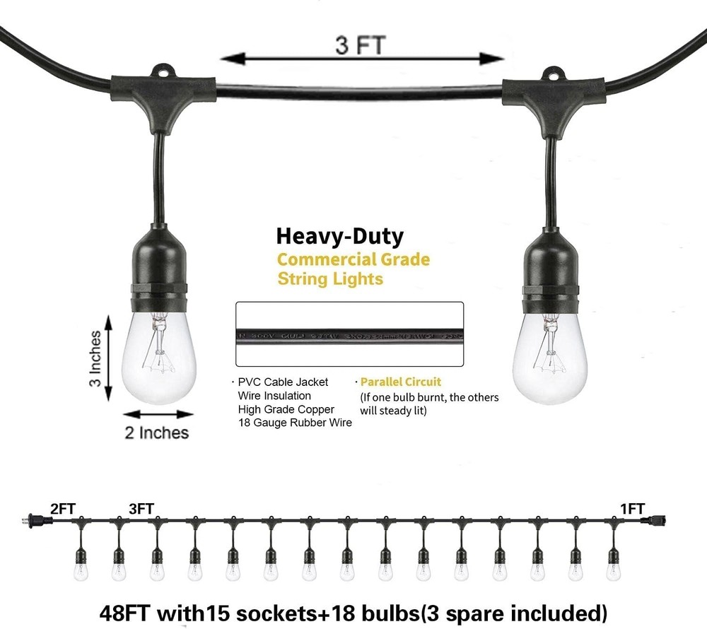 2 Pack 48FT Outdoor String Lights,Hanging Incandescent String Lights Commerci...