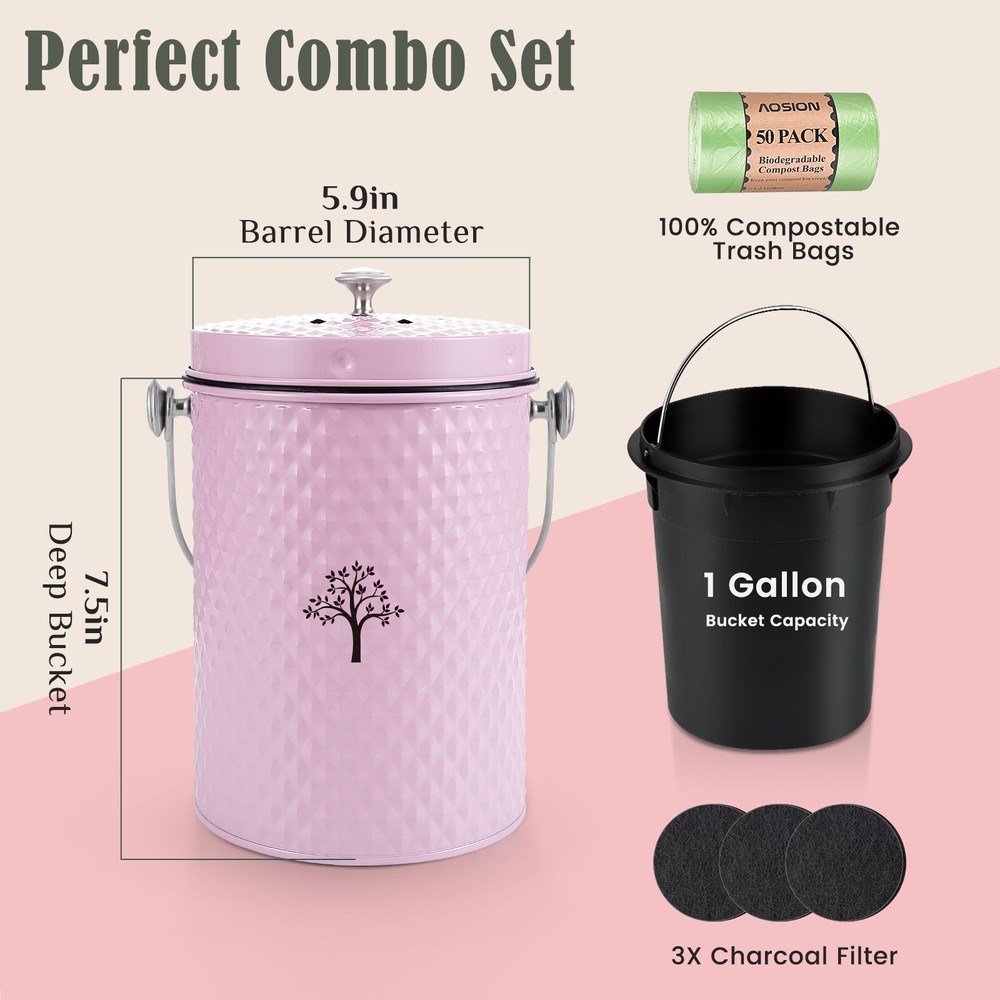 Countertop Compost Bin Kitchen,Odor Resistant Indoor Compost Bin with Lid Pink