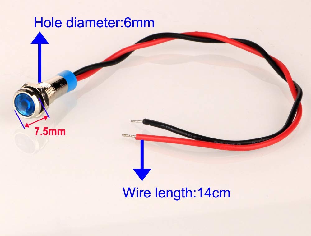 10 PCS 6mm Blue Waterproof Wired LED Indicator Light AC/DC 12-24V Panel Mount