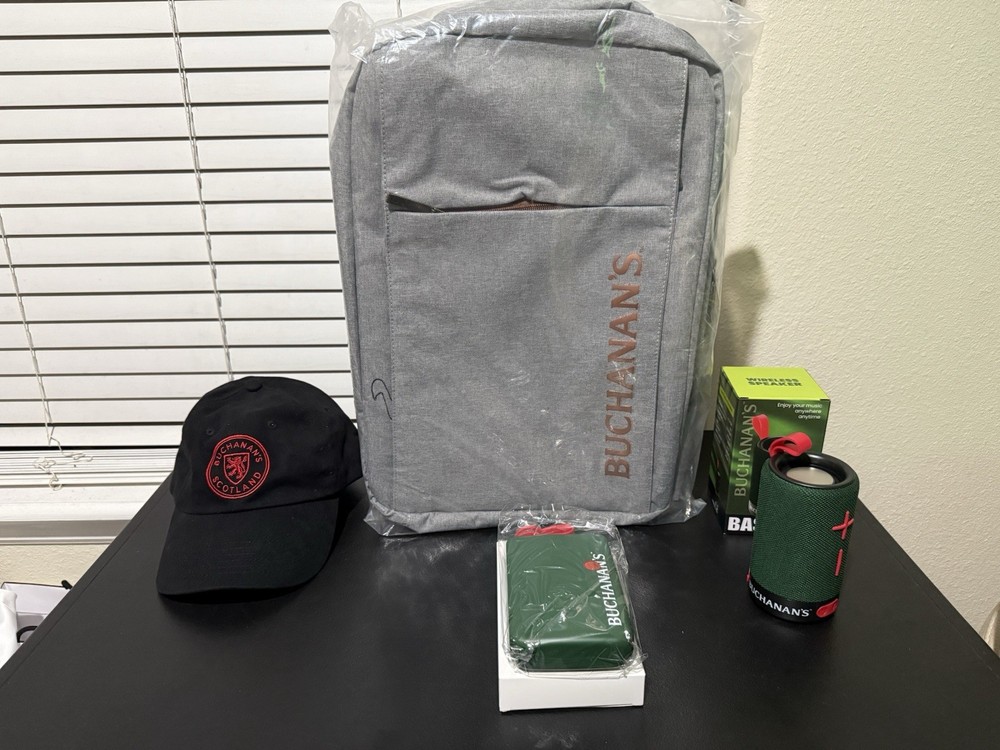 Buchanan’s Bundle. Backpack+Bluetooth Speaker+Cap & Stainless steel Flask. New.