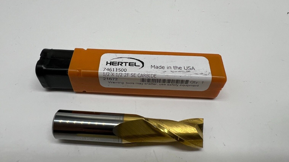 Hertel OEM Square End Mill: 1/2″ Dia, 1″ LOC, 2 Flute, Solid Carbide 74611500