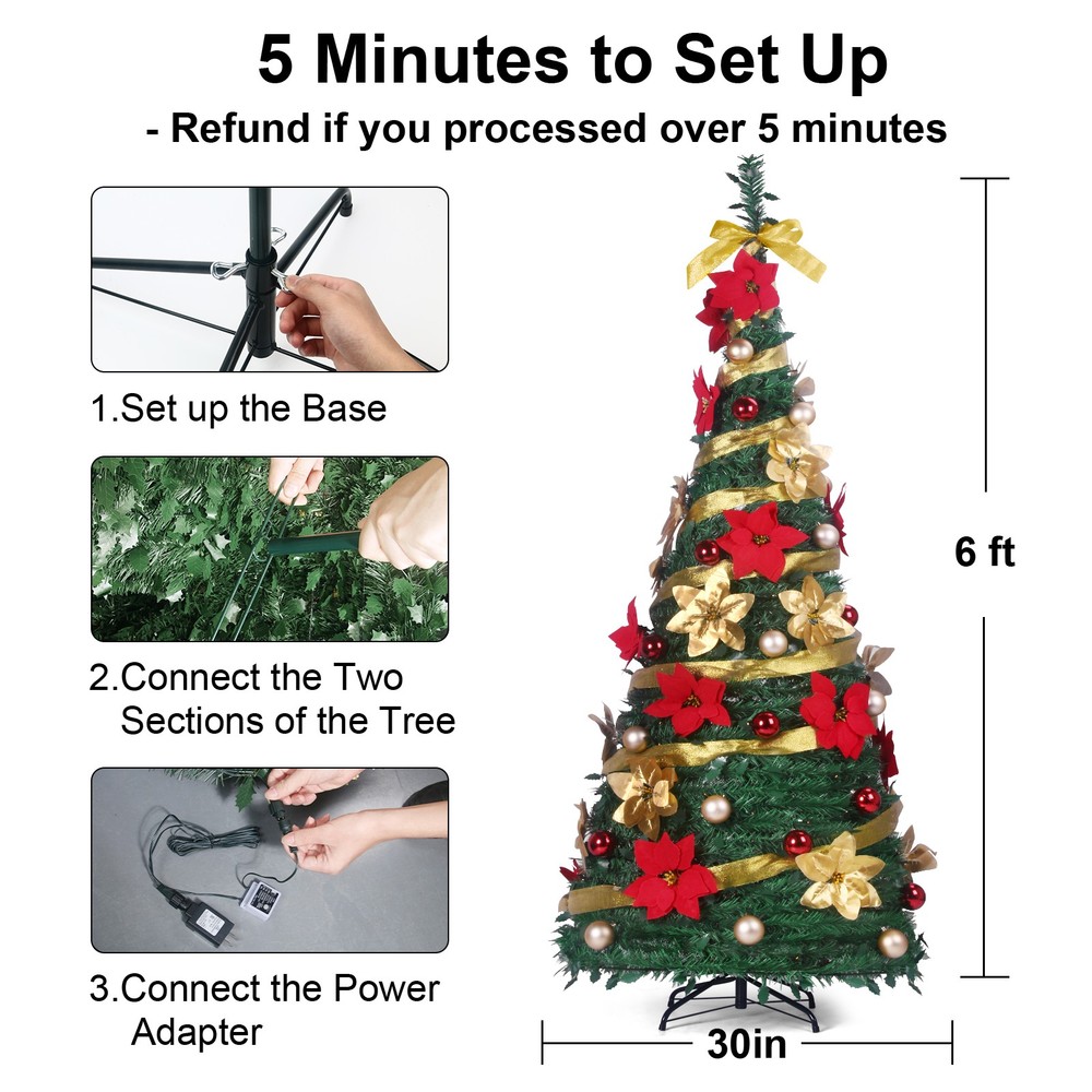 6/6.5Ft Prelit Pull Up Christmas Tree Xmas Tree w/ Lights & Remote & Decorations