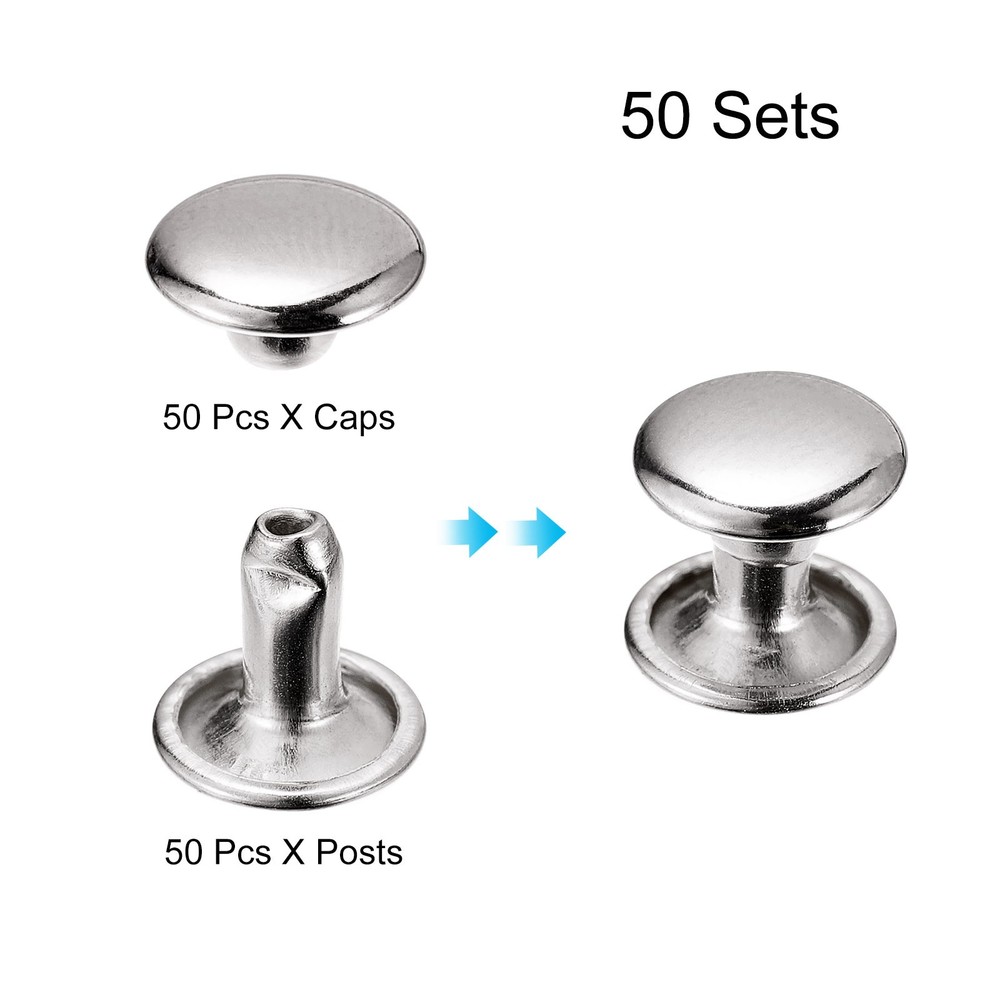 50 Sets Leather Rivets, 9mm Double Cap Rivets 8mm Height, Silver Tone