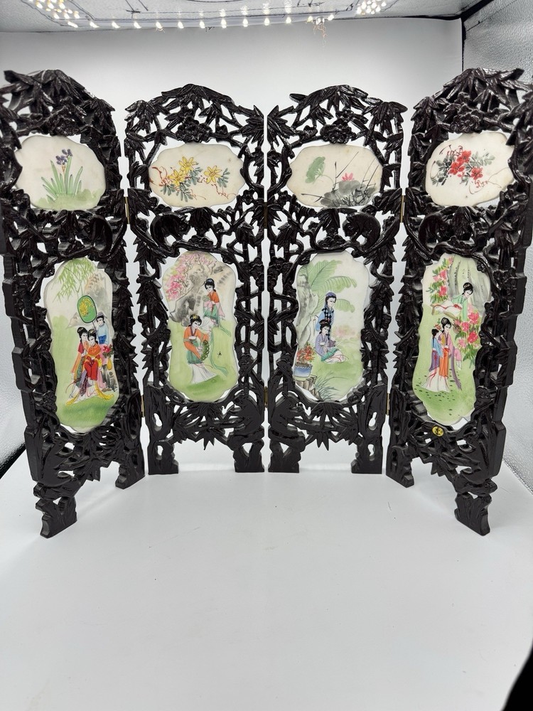 Chinese Mini Folding Screen with Porcelain Panels – Hand Painted, 4-Panel