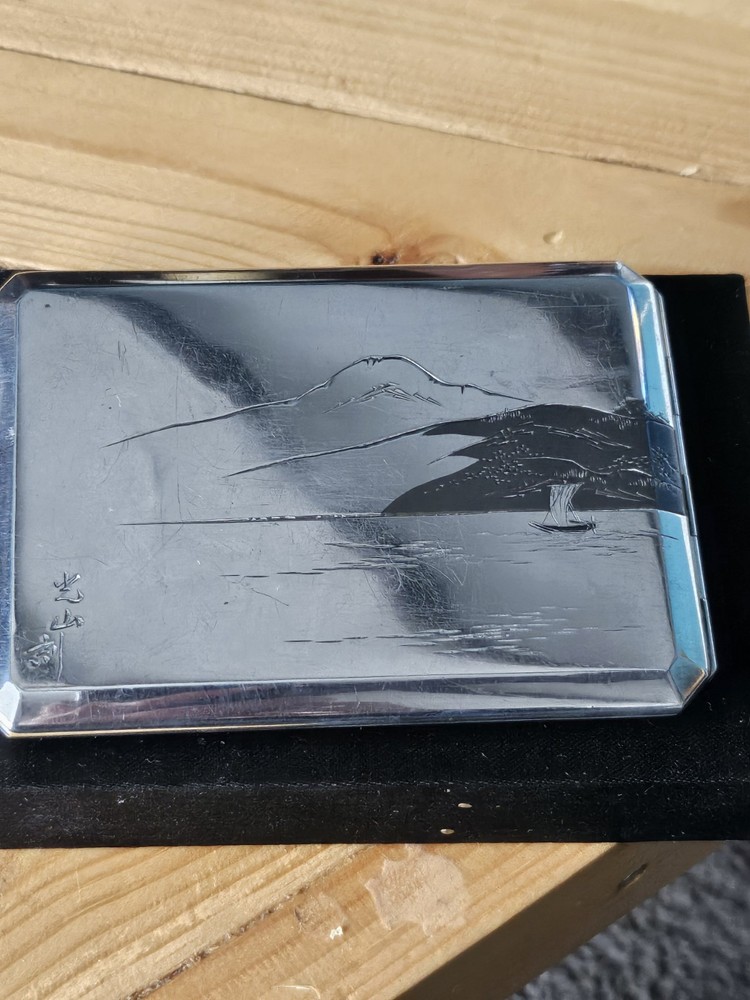 Beautiful 950 Solid Silver Japanese Niello Cigarette Case Signed & 950 Silver