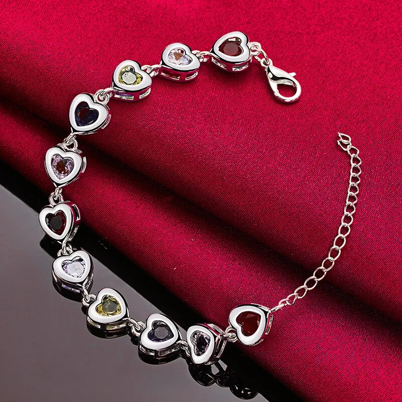 Multi color heart chain bracelet 925 sterling silver 8” adjustable