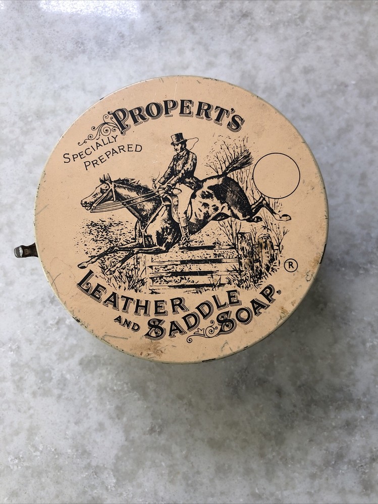 Vintage Advertising Properts Leather And Saddle Soap Empty Tin 3 1/2” Wide￼￼