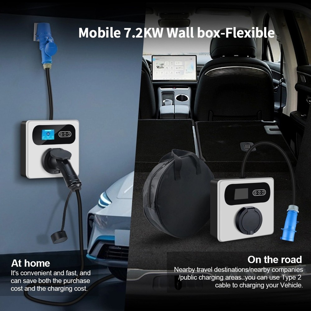 Portable Type 2 EV Wall Charger, 8A-32A Adjustable, 7kW 1-phase, Delay Timer