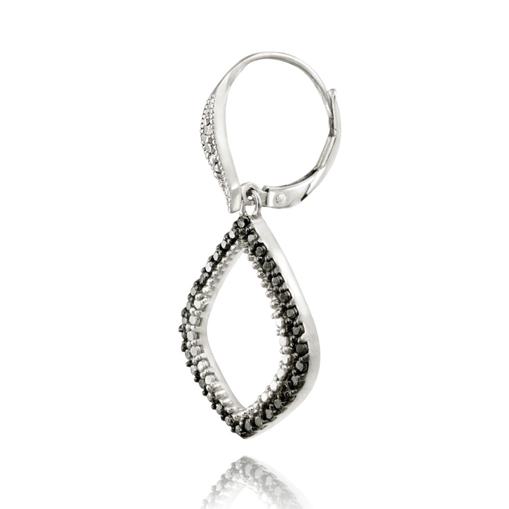 925 Silver Black Diamond Accent Teardrop Dangle Leverback Earrings