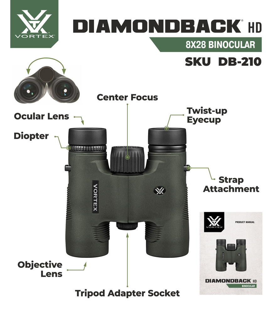 Vortex Optics Diamondback HD 8x28 Binocular with Free Camo Forest Hat Bundle