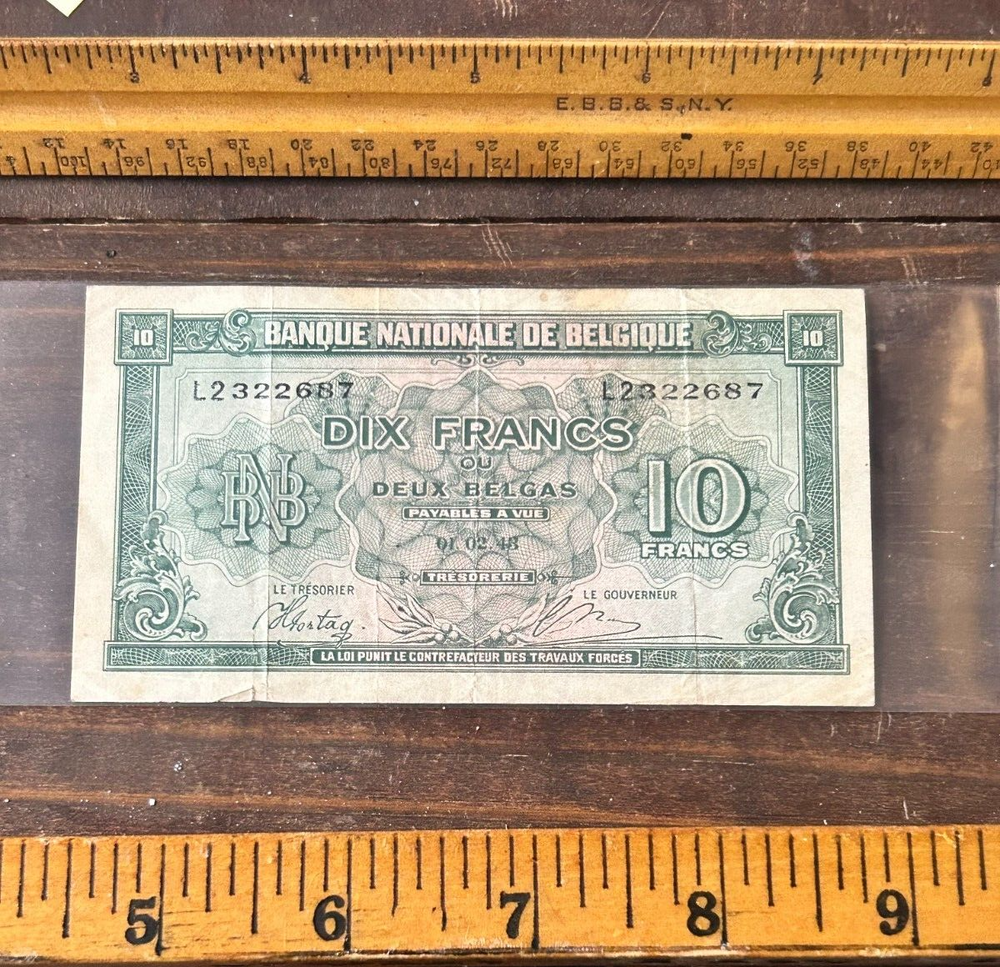 Vintage 1943 Belgium 10 Franc Note