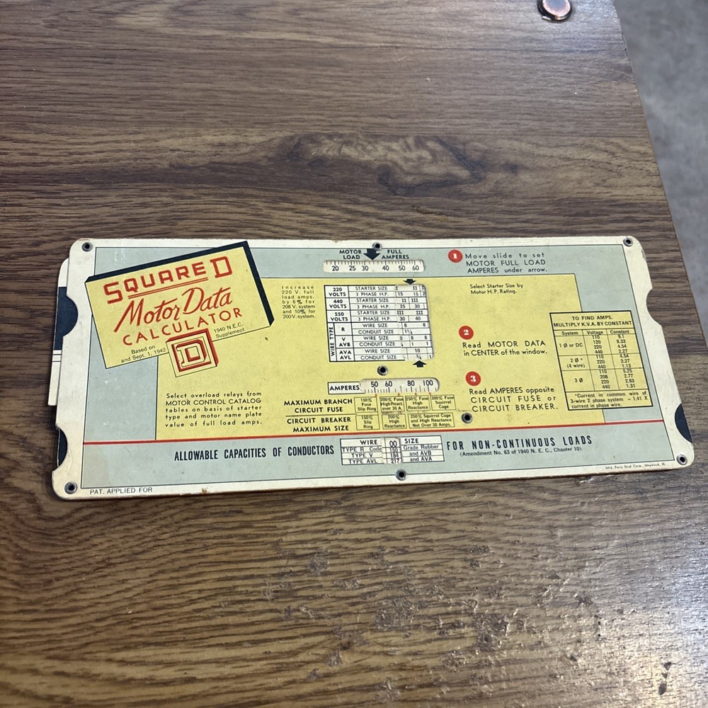 Square D Voltage Drop Wire / Motor Data Calculator, Patent Applied For