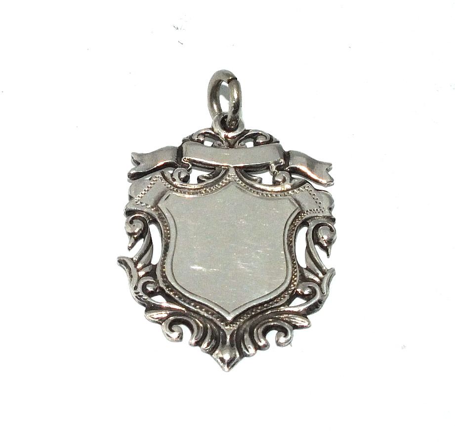 Gents/mens ornate solid silver shield shaped fob