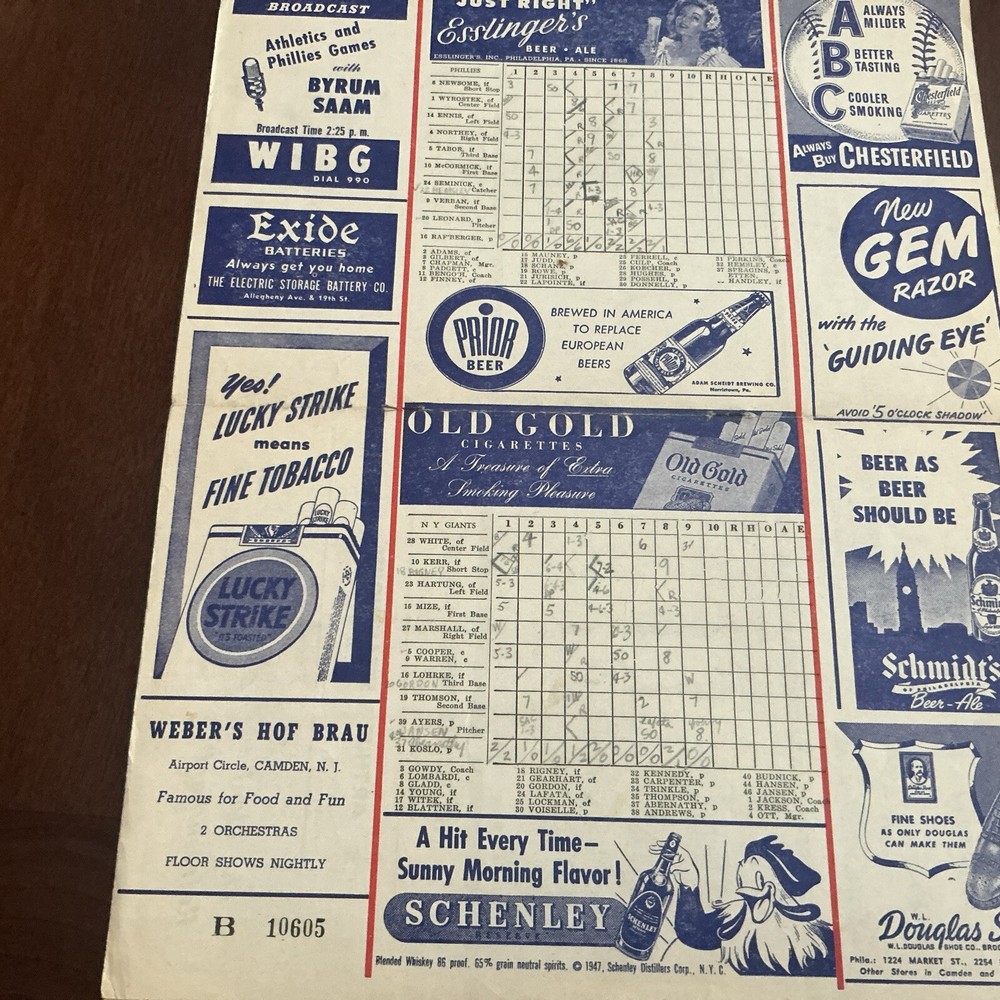 Philadelphia Phillies Vs. NY Giants 1947 Official Program *Scored*