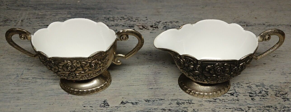 Silver Plate Cream & Sugar Dish Set With Porcelain Inside Nice Embossing Outside