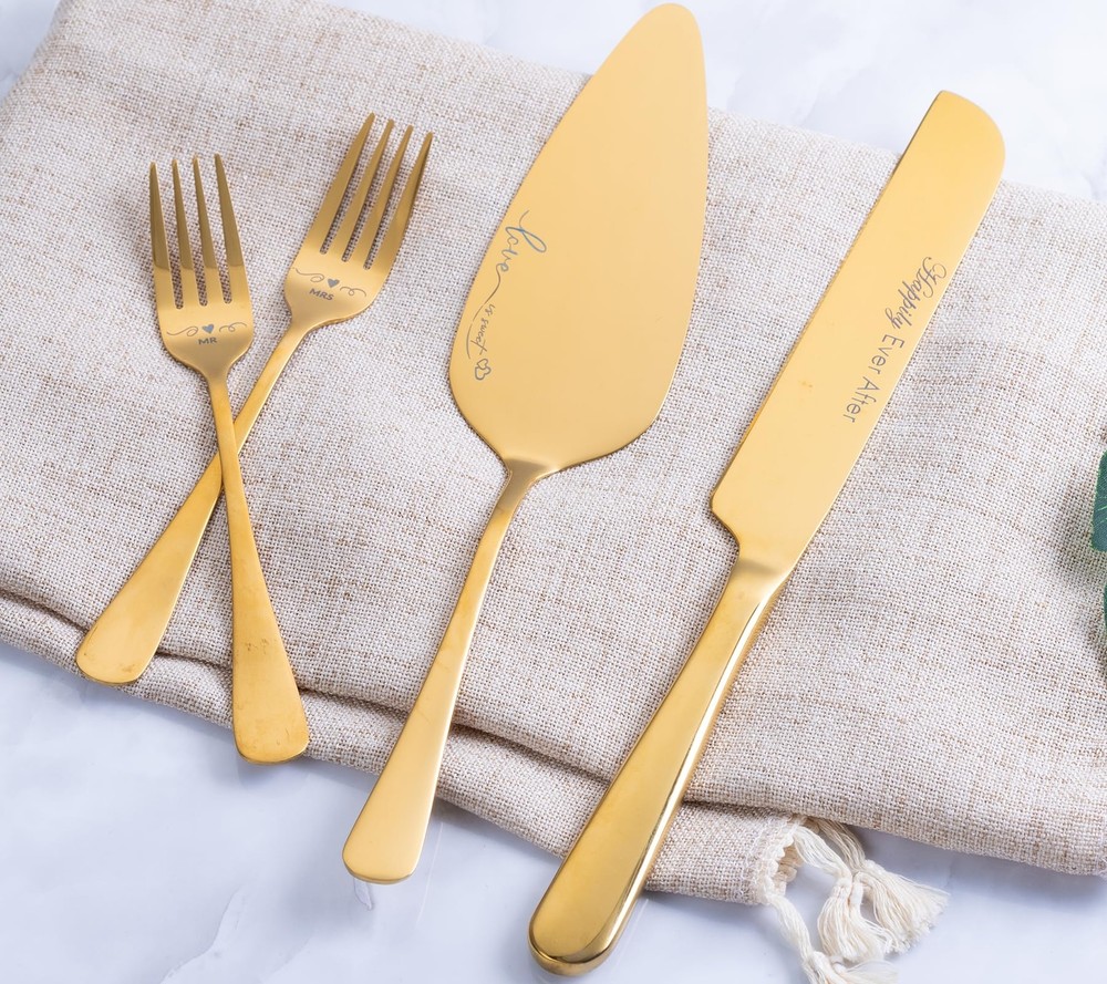 Wedding Cake Knife and Server Set with Forks Engraved Cake Cutting Set for We...