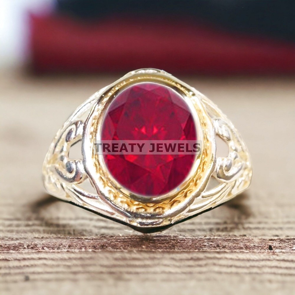 Ruby Oval Cut Gemstone With 14K Solid White Gold Ring For Men's #A519