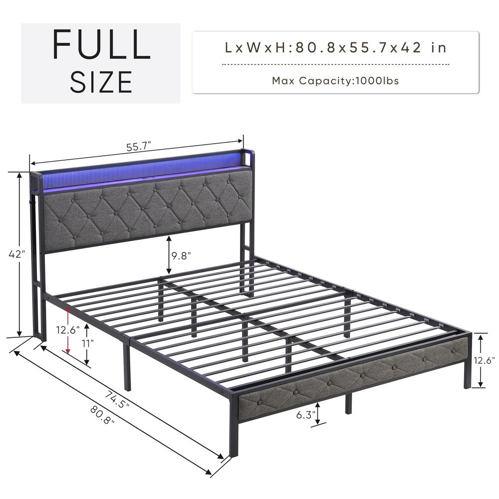 Full/Queen/King Bed Frame with Storage Headboard, Charging Station LED Lights,