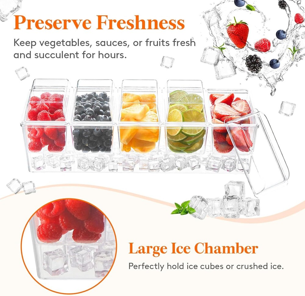 Ice Chilled Condiment Caddy 5 Containers(2.5 cup),Condiment Server Separate Lids