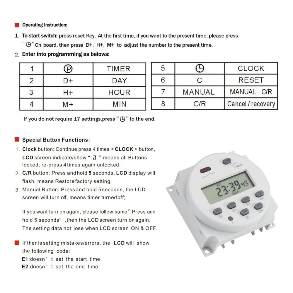 DC 12V Digital LCD Weekly Programmable Timer For Relay Switch 16A 17 Programs