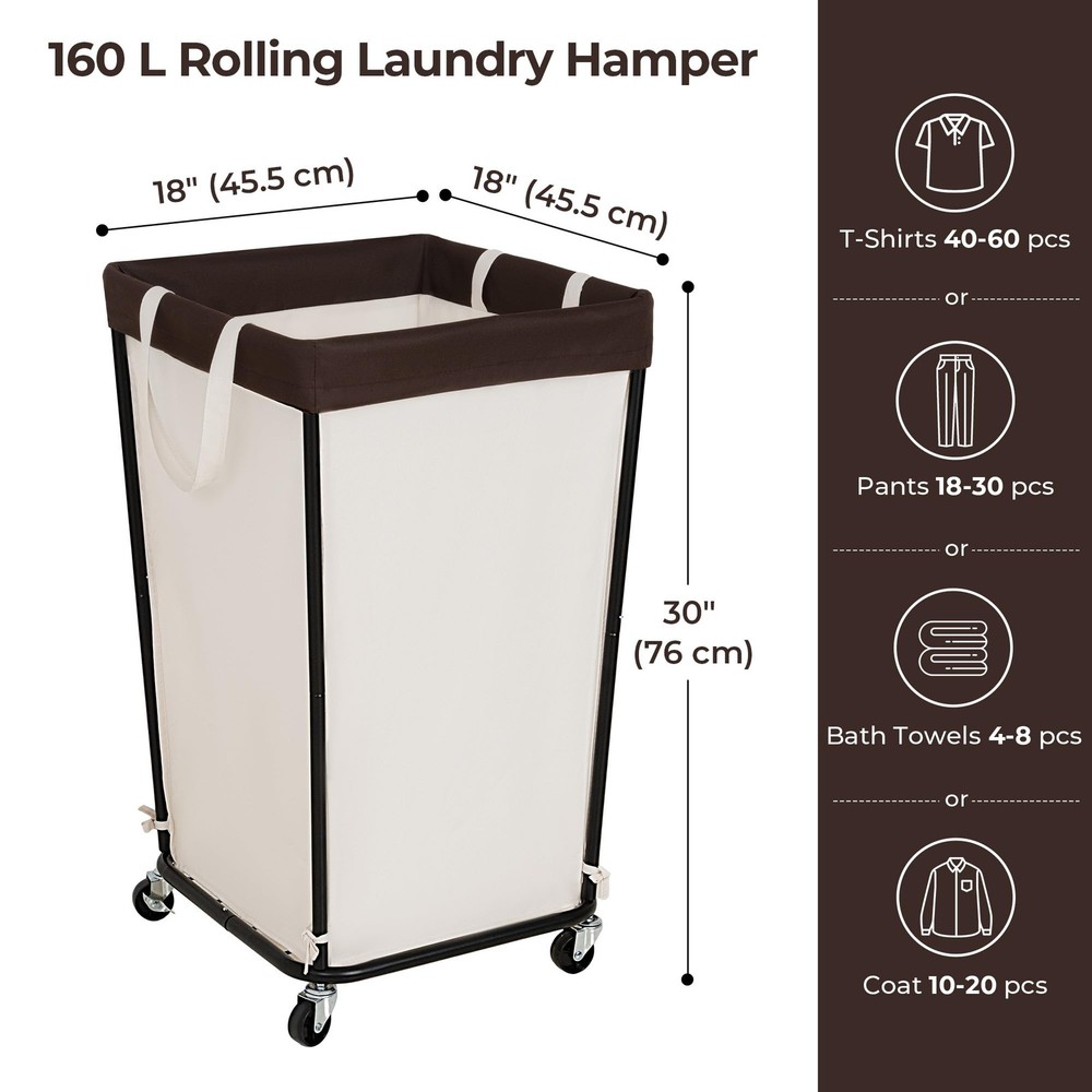 160L Rolling Laundry Basket Hamper Wheels Large Cart Removable Bag Beige