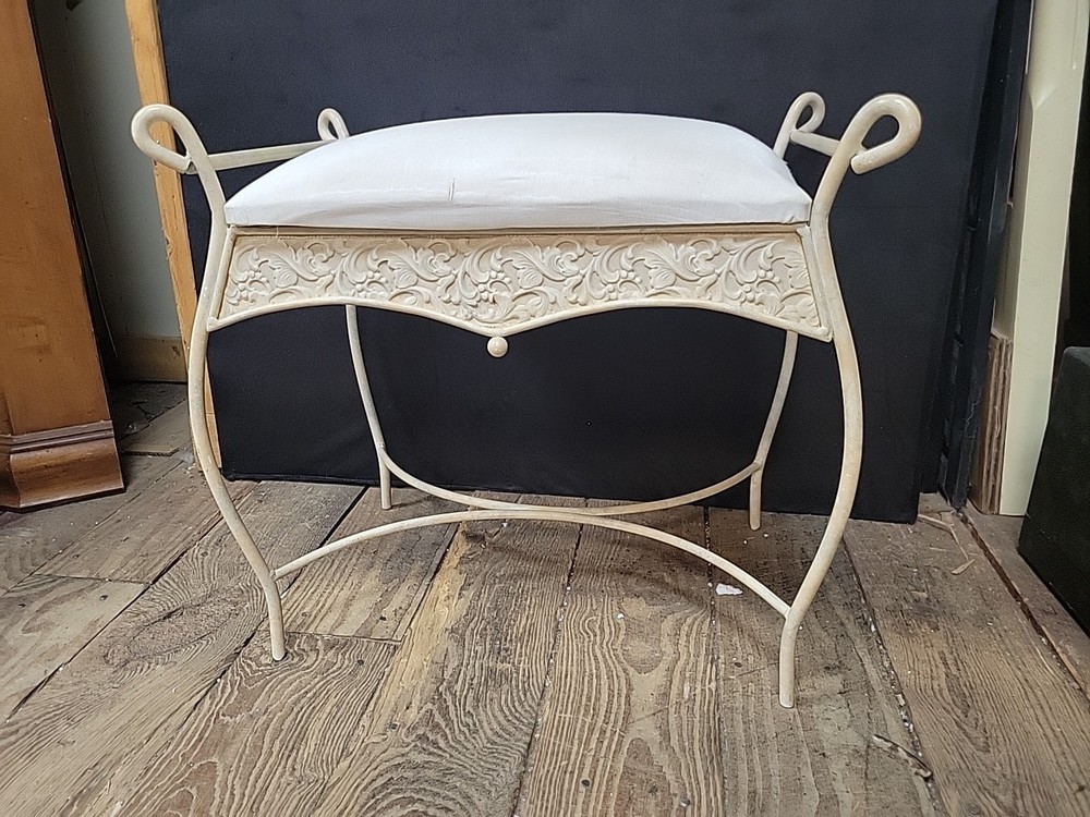 Vintage Cast Iron Bench Vanity Stool Side Seat Upholstered Seat
