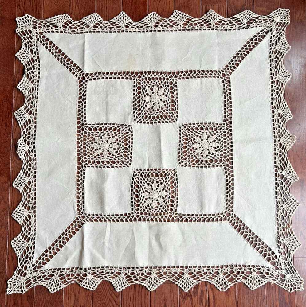 Hand Crocheted Ecru Beige Linen 33" Square Table Topper