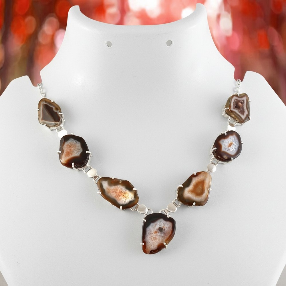 Natural Brown Agate Druzy Silver Plated Statement Necklace Handmade Boho