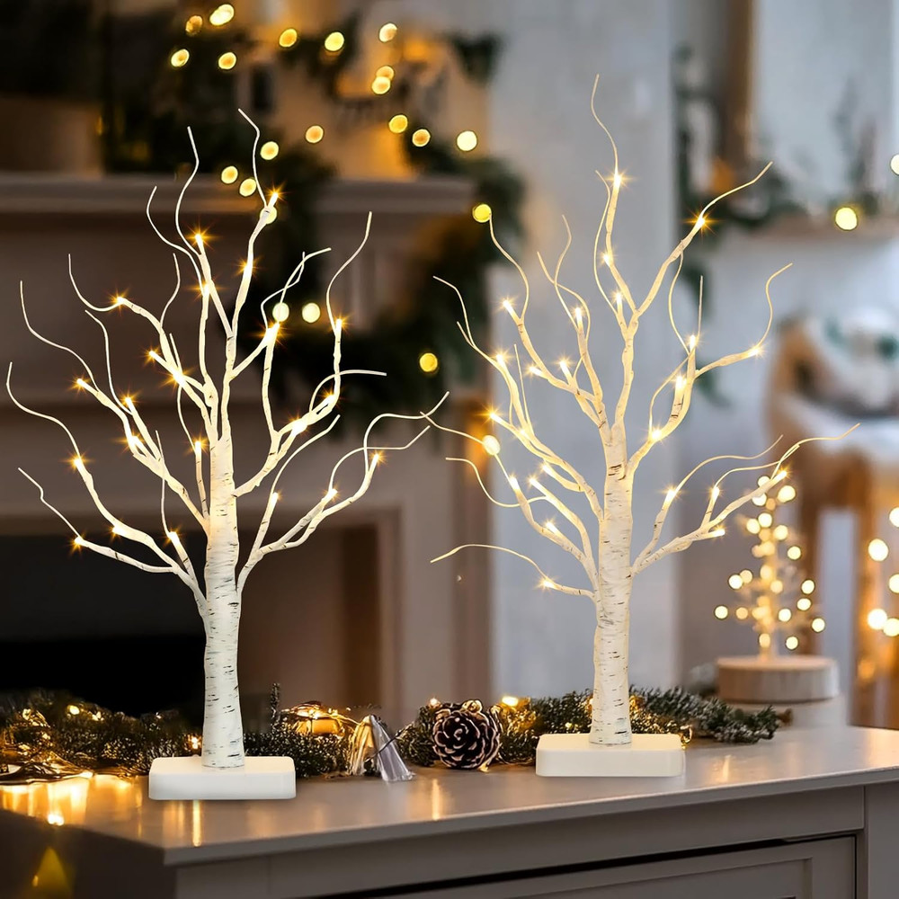 Lighted Birch Tree, 2 Pack Christmas Tree with 24 LED, Tabletop Centerpiece A...