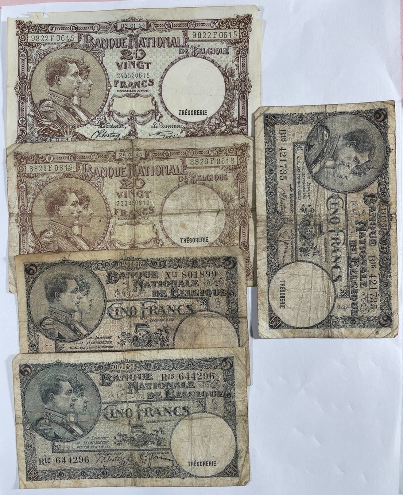 Belgium 5 Old Mixed Lower Grade Notes (#174)