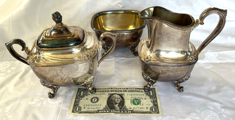 1847 Rogers Bros Daffodil Pattern Silverplate Lidded Sugar Creamer Waste Set